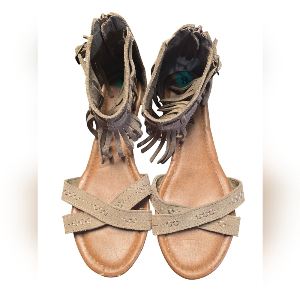 Minnetonka Suede Fringe Wedge Sandals Tan Size 8